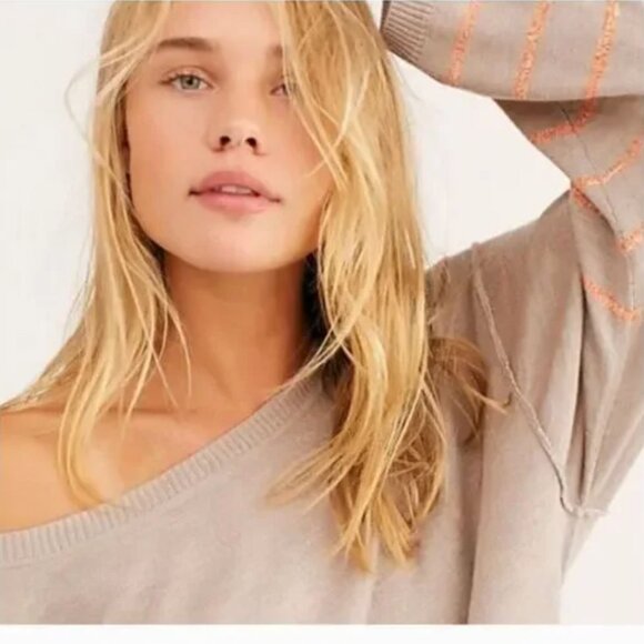 Free People Beach | Dana Point Cotton Striped Sweater in Tan & Orange | Size XL - Picture 3 of 11